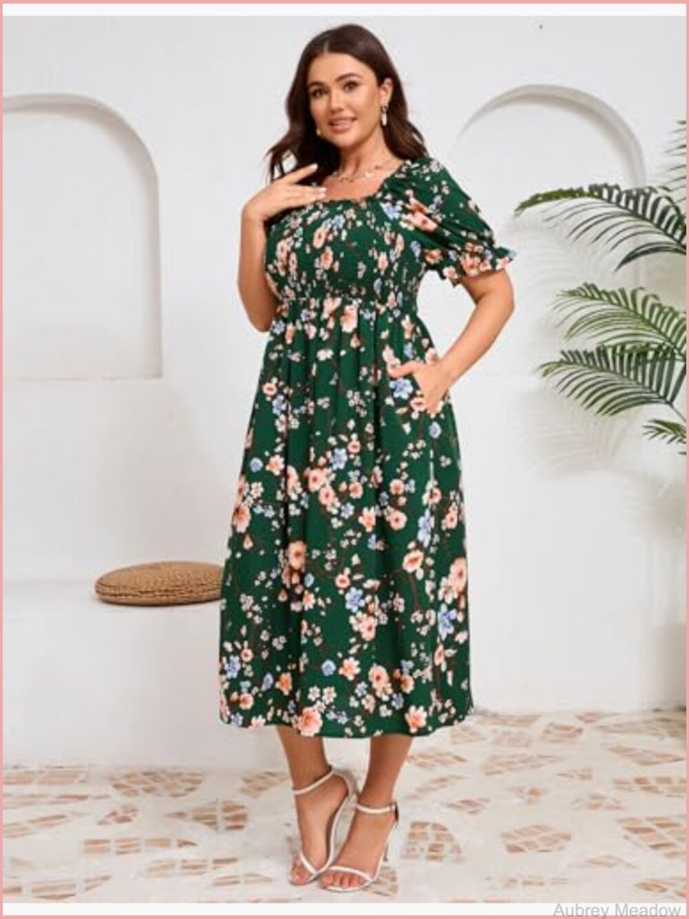 Plus Size Floral Midi Dress Square Neck Puff Sleeve Boho - Picture 5 of 6